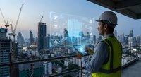 Construction engineer using augmented reality technology to analyze urban development project with digital interface overlay on city skyline at dusk.
