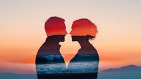 Romantic double exposure silhouette of young couple against ocean sunset background, combining profiles with waves and warm sky in artistic composition.