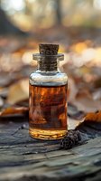 Vintage glass bottle with amber liquid and cork stopper on rustic wooden surface amid autumn leaves and pine cones, magical forest atmosphere in soft bokeh.
