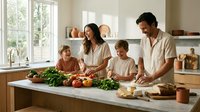 Family of four preparing fresh vegetables together in bright kitchen with natural light and wooden countertops.