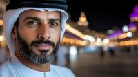 Middle Eastern man in traditional white kandura and headscarf smiling confidently against blurred city lights background during evening hours, portraying success and leadership.
