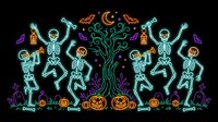 Neon glowing skeletons and jack-o-lanterns dance around a spooky tree on black background. Perfect for Halloween party decorations, apparel and festive designs.
