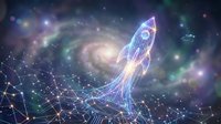 Glowing neon rocket launching through digital network with spiral galaxy and cosmic stars, representing innovation, technology growth, and space exploration for business concepts.