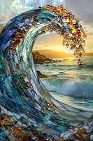 Artistic ocean wave with glass mosaic effect and embedded amber spheres against golden sunset coastline, creating dramatic seascape with turquoise and blue tones.
