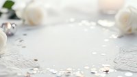 Elegant white roses with delicate lace and scattered pearls creating romantic wedding background with soft lighting and dreamy atmosphere for bridal designs.