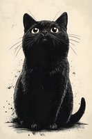 Black cat with bright eyes looking up against vintage beige background, artistic ink splatter effect creates dramatic contrast and mysterious atmosphere.