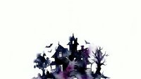 Haunted mansion silhouette with purple fog, flying bats, and gnarled trees on isolated white background for Halloween designs and seasonal graphics.