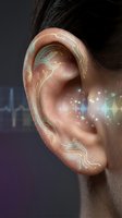 Human ear with digital circuit patterns and glowing sound waves representing hearing technology, audio processing, and futuristic medical innovation concepts.