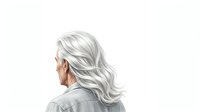 Senior woman with long silver wavy hair, shown from behind in profile view, wearing casual gray shirt, isolated on white background for design use.