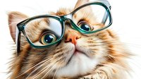 Adorable ginger cat wearing stylish green glasses, looking upward with curious expression, showcasing feline intelligence and playful personality.