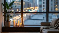 Cozy apartment window with candles and plant overlooking city lights at dusk. Modern interior design with warm ambiance for relaxation and urban living.