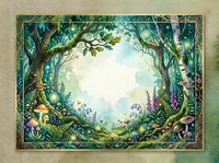 Enchanted forest frame with magical trees, flowers and mushrooms creating circular opening for text or design elements on mystical background.