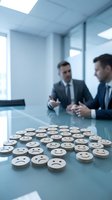 Two businessmen discussing customer feedback with wooden emoji tokens showing various emotions on conference table in modern office meeting room.