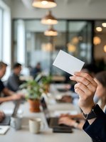 Person holding blank white business card in modern office meeting room with colleagues and pendant lighting in background.