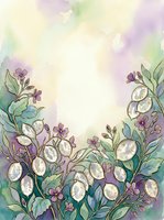 Watercolor floral frame with purple flowers and white seed pods on soft pastel background, isolated design element for invitations, cards, and decorative projects.