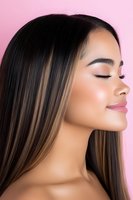 Young Asian woman with glowing skin and highlighted straight hair in profile view against pink background, eyes closed with peaceful expression and natural makeup.