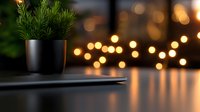 Cozy evening atmosphere with small potted pine plant against blurred warm fairy lights background creating magical bokeh effect on dark surface.