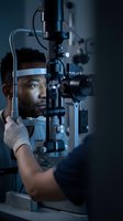 African American man undergoing comprehensive eye examination with advanced slit lamp biomicroscope in modern ophthalmology clinic for vision care.