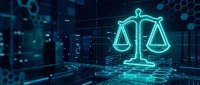 Glowing cyan scales of justice symbol in futuristic digital environment with hexagonal patterns and data visualization elements for legal technology concepts.