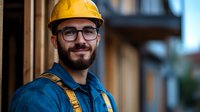 Professional construction worker with yellow hard hat and safety harness smiling at camera on building site for industrial workplace safety concepts.