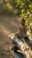 Small bronze Buddha statue sitting in meditation pose on weathered wooden log surrounded by fresh green leaves in peaceful natural garden setting.