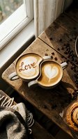 Two cozy lattes with love lettering and heart latte art on a rustic wooden table, coffee beans scattered, warm cafe atmosphere.