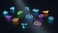 Glowing neon business and technology icons floating in dark space with colorful light effects for digital marketing and corporate presentations.