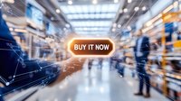 Glowing buy it now button over blurred retail store interior with shopping customers and market shelves, digital commerce concept for online shopping.
