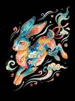 Colorful ornate rabbit leaping with floral and cloud motifs in Asian art style, isolated on transparent background, ready for stickers, t-shirt design, print on demand.