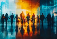 Silhouettes of people walking together holding hands against vibrant orange and blue glass building reflections creating dramatic urban scene with mirror effect.