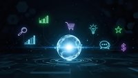 Digital business technology concept with glowing sphere surrounded by neon icons including charts, shopping cart, lightbulb and dollar sign on dark background.