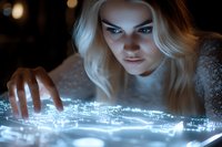 Young blonde woman working late at night with glowing digital interface technology in dark room with warm ambient lighting for cybersecurity concepts.