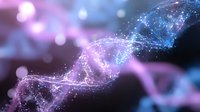 Glowing DNA helix structure with particles and bokeh effects in pink and blue colors on dark background, scientific molecular concept for genetics research.