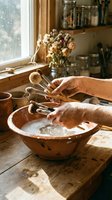 Hands washing vintage wooden spoons in ceramic bowl on rustic kitchen counter with warm sunlight streaming through window creating cozy domestic atmosphere.