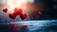 Red glittery hearts floating above reflective water surface with bokeh light effects and sparkles in romantic atmospheric scene. Suitable for Valentine's Day designs.
