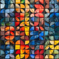 Abstract geometric pattern with colorful quarter circles arranged in grid formation creating dynamic mosaic effect with blue, red, yellow and orange segments against dark background.