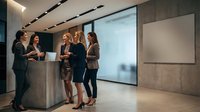 Young diverse professionals gathered at modern reception desk in contemporary office lobby, discussing business matters and collaboration opportunities.