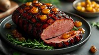 Glazed ham with honey roasted kumquats on dark plate, sliced to show pink meat interior, garnished with fresh rosemary sprigs, festive main dish.