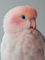 Adorable pink lovebird parrot with fluffy feathers and bright eyes on neutral background for pet and wildlife photography projects.