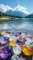 Colorful healing crystals amethyst, citrine and clear quartz on mountain lake shore with majestic peaks and clouds reflected in calm water surface.