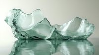 Broken glass fragments with sharp edges reflecting on mirrored surface creating dramatic light effects in mint green tones. Artistic still life composition.