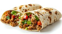 Mexican style grilled chicken and beef burritos filled with rice, fresh vegetables, and herbs, wrapped in flour tortilla on white background.