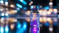 Purple medical vial with liquid medicine on reflective surface against blurred blue bokeh background, dramatic lighting creates modern pharmaceutical atmosphere.