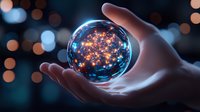 Glowing lights reflected in crystal ball held in palm against dark background with bokeh effect creates magical atmosphere for fortune telling concept.