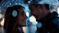 Young romantic couple sharing intimate moment under umbrella in rain with bokeh lights creating magical atmosphere. Emotional winter date scene.