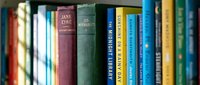 Colorful collection of classic literature books arranged on bookshelf spine view showing vintage and modern titles for reading education library concept.