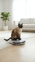 Siamese cat wearing sunglasses sitting on robotic vacuum cleaner in modern living room with white sofa and houseplant for smart home automation concept.
