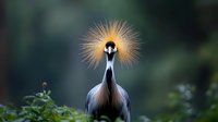 Majestic grey crowned crane with distinctive golden head feathers displayed against dark green natural background, wildlife portrait showing elegant neck plumage.