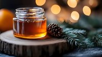 Glass jar of golden honey on wooden slice with pine cone and spruce branches against blurred Christmas lights creating cozy winter atmosphere and bokeh effect.