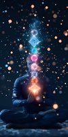 Mystical silhouette in lotus position with glowing chakra symbols and geometric shapes floating above, surrounded by magical bokeh lights on dark background.